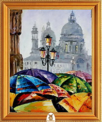 "Разноцветные зонты на фоне серого храма" Арт."МЖ0295"