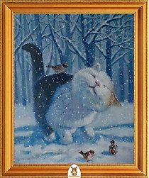 "Кот играет с воробьями в снегу" Арт."МЖ1153"
