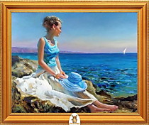 "Девушка сидит на берегу с голубой шляпой" Арт."МЖ1461"