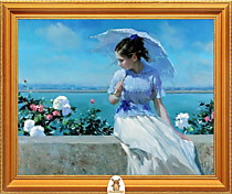 "Девушка с белым зонтом на фоне моря" Арт."МЖ1491"