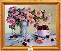 "Вишня и розовые цветы в белой вазе" Арт."МЖ1777"