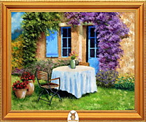 "Белый стол коло дома с голубыми окнами" Арт."МЖ2039"