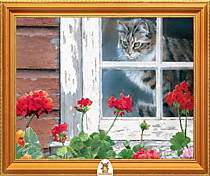 "Кот сморит на красные цветы из окна" Арт."МЖ2109"