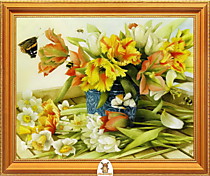 "Тюльпаны желтые с нарциссами в синей вазе" Арт."МЖ2535"